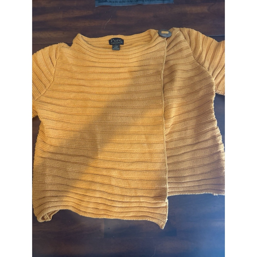Pure Handknit Women's S/M Mustard Yellow 100% Cotton Ribbed Short Sleeve Sweater